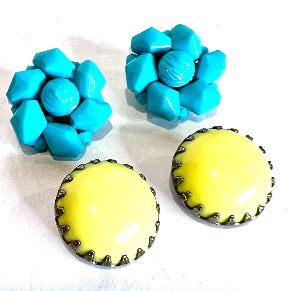 Vintage Earring Lot Turquoise Blue Lemon Yellow Lightweight Beaded Ear Clips